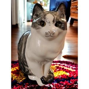 Gray Tabby Cat, Porcelain Figurine, 11", Realistic Glass Eyeballs, Looks New